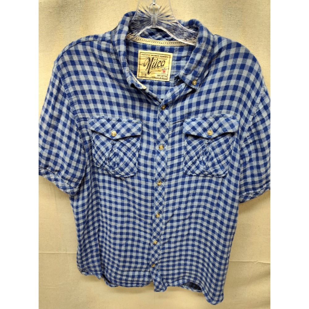 Nuco Mens Blue Gingham Check Short Sleeve Cotton Button Down Shirt Size Medium‎